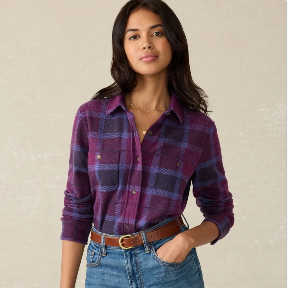 Faherty Legend Sweater Shirt Snowberry Plaid Purple Flannel Knit M NEW Cozy Top